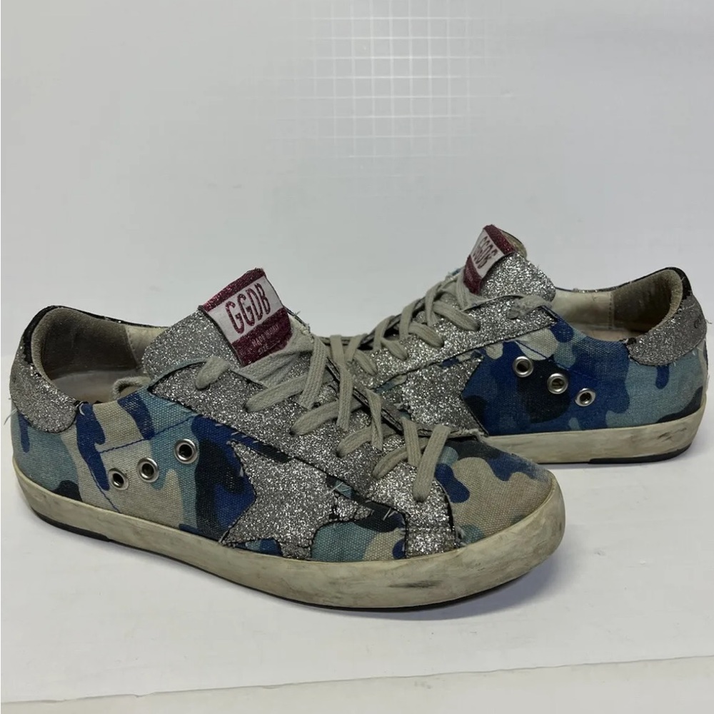 Golden Goose Superstar Sneakers Grey Blue Silver Glitter Camo Star Sz‎ 35